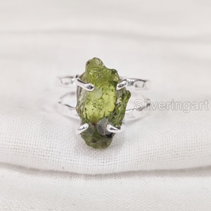 Rough Stone Jewelry Women's Ring Natural Raw Peridot Gemstone August Birthstone Hammered Two Band Ring 925 Sterling Silver Ring - Product Image 1