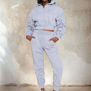 <b>Cropped</b> <b>Zip</b> <b>up</b> Winter Solid Jogger Set Women 2 Piece Casual Streetwear Eco-Friendly Breathable Long Sleeve - Product Image 5