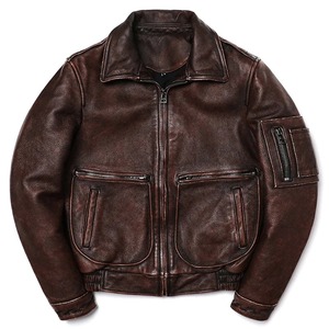 2025 Nueva chaqueta de cuero genuino marrón Vintage estilo abrigo de piel de vaca para hombre chaqueta de motorista de moda delgada tela de vuelo - Product Image 2