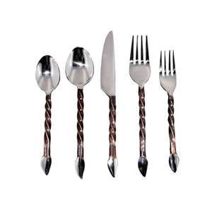 Ensemble de couverts tendance en acier inoxydable 5 pièces, style moderne, poignées torsadées rustiques en forme de feuille, écologiques, style américain - Product Image 1