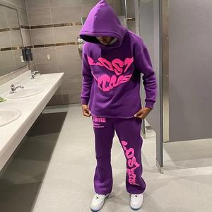 Pantalones de chándal acampanados con logotipo personalizado y Sudadera con capucha recortada de algodón 100% para hombre, chándal de color sólido para otoño - Product Image 2