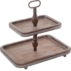 Support à gâteau élégant en bois naturel à 2 niveaux nouveau design support à gâteau design moderne chaud double assiette rectangulaire support de service à gâteau prix abordable - Product Image 3