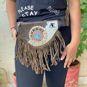 Stylish Brown Cowhide Fur Leather <b>Belts</b> with Fringe Hip Pocket and Waist Waist Zipper Closure Travel Style - Product Image 1