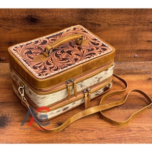 New Wholesale Hand <b>Tooled</b> Cow <b>Leather</b> Double Decker Jewelry Cases for Women Crossbody Strap Travel Jewelry Storage Organizer Box - Product Image 1