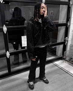 Sudadera con capucha recortada y pantalones de chándal acampanados con estampado personalizado Sun Faded Distress Acid Wash All Over Print, chándal con diamantes de imitación, chándal 2025 - Product Image 4