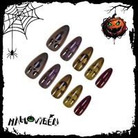 HYC-MY-660 Faux Ongles à Presser Réutilisables Effet Œil de Chat, Crâne et Visage de Fantôme pour Halloween, Couverture Complète, 24 Pièces
