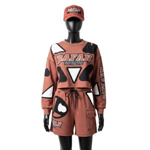 ชุดเซ็ตเสื้อสเวตเชิ้ตผ้าฝ้ายเฟรนช์เทอร์รี่สำหรับผู้หญิง 100% ผ้าฝ้าย 280 GSM เนื้อนุ่ม ผสมผสานดีไซน์แผงผ้าพิมพ์ลายพัฟพร้อมโลโก้สั่งทำพิเศษ - Product Image 1