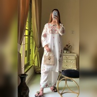 LD CREATION Ensemble Salwar Kameez Plazzo en Coton et Soie, Haut et Dupatta avec Broderie Lourde, pour Tenue Décontractée ou Soirée, Séchage Rapide, Infroissable
