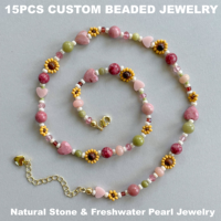 Collier tendance fait main en perles d'eau douce, plaqué or 18 carats, style Cottagecore, géométrique, avec fleur en pierre naturelle