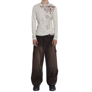 Pantalones acampanados marrones Vintage para hombre, pantalones vaqueros holgados de carpintero con lazo de martillo, pantalones vaqueros lavados de cintura con logotipo de doble rodilla de peso pesado - Product Image 3