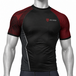 Zee Good Men's Short Sleeve <b>Rash</b> <b>Guard</b> Compression Shirt Black Red Geometric Print Quick Dry MMA <b>BJJ</b> Top - Product Image 1