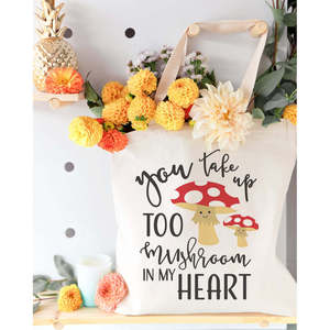 You Take Too Mushroom My Heart Cotton Canvas Tote Bag Medium Long Rope Screen Printing Cartoon Letter for Daily Advertising Gift - Product Image 3
