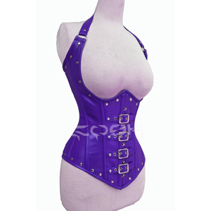 Premium Quality Purple Genuine Leather Underbust Waist Trainer Halter Neck Corset With Front <b>Strap</b> <b>Buckles</b> - Product Image 6