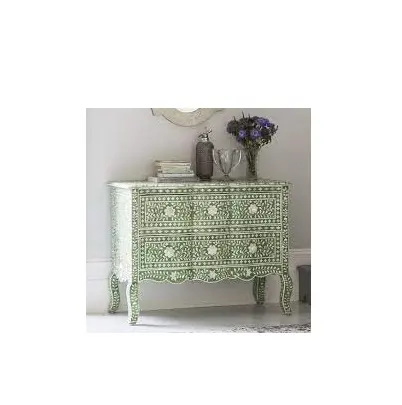 Armoire à tiroirs avec incrustation d'os, buffet, Design Floral élégant, fait à la main, de couleur verte et blanche