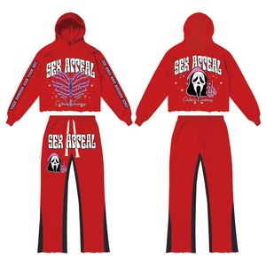 Chándal de retazos con logotipo personalizado de algodón 100%, conjunto de pantalones acampanados de 2 piezas, conjuntos de dos piezas para hombre, Top corto, conjuntos de pantalones de chándal informales para hombre - Product Image 4