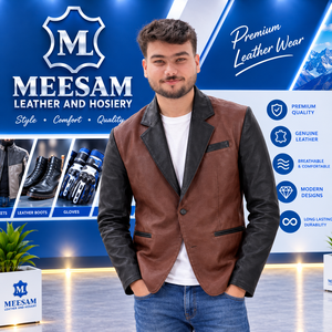 Veste en cuir véritable pour homme, marron et noir, bicolore, décontractée, col rabattu, bouton unique, coupe classique, pour l'automne - Product Image 1