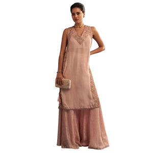 Palazzo en organza rose blush avec Kurta brodé Vente en gros Vêtements ethniques pour femmes Usine de vêtements OEM SupplierCustomPartySuit - Product Image 2