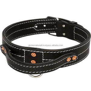 Collar de cuero negro para perro, accesorio Extra ancho y duradero con mango y costuras triples fuertes, doble capa, resistente, para mascotas - Product Image 5