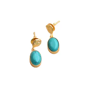 Boucles d'oreilles simples Boucles d'oreilles Dainty Drop Turquoise Bijoux en pierres précieuses faits à la main minimalistes avec pierres semi-précieuses plaqué or