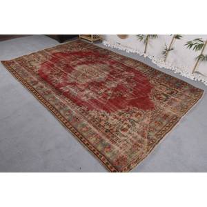 Alfombra Turca Vintage de 6x9, 6 Pies, Rojo, Beige, Gran Área, Diseño de Retazos de Lana, Respaldo de Látex para Pasillo, Dormitorio, Forma Rectangular - Product Image 2