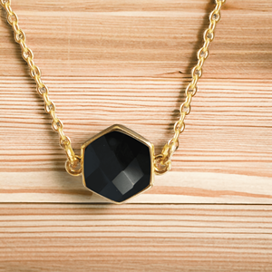 Gold Plated Black <b>Onyx</b> Hexagon Shape Charm Pendant <b>Necklace</b> 925 Silver Jewelry - Product Image 1