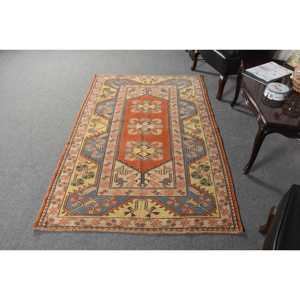 4.2x6.4 ft Area Vintage Turkish Rug, <b>Red</b> Floral <b>Wool</b> Rug - Product Image 1