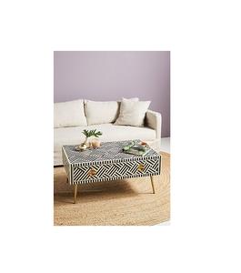 Table basse classique avec tiroir en os incrusté, finition antique, meubles faits à la main pour des intérieurs élégants - Product Image 1