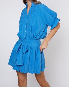 Elegant Blue Paisley Embroidery Blouson Dress 100% Cotton Midi Length Loose Waist V-neck Bohemian Tassel <b>Slip</b> Cut Woven Design - Product Image 3