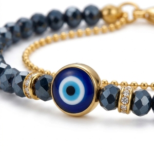 Bracciale Turco con Perla Nazar in Vetro Blu, Placcato Oro 18K, Cristallo <span class=keywords><strong>di</strong></span> <span class=keywords><strong>Ematite</strong></span>, Doppio Strato <span class=keywords><strong>di</strong></span> Perline, Charm per Donne - Product Image 3