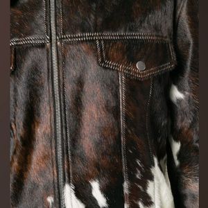 Veste en cuir de vache véritable pour homme, style motard, noir et blanc, imprimé vache, veste d'hiver tendance - Product Image 6