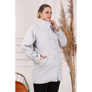 RMG Plus Size Gray Wool Blend Style Coat with Elegant Sleeve Details for Women, <b>Warm</b> Winter Outerwear Collection - Product Image 3