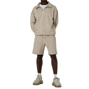 Conjunto de Ropa Casual de Alta Calidad para Hombre, Estilo Oversize, Color Sólido, Sudadera con Cuello Polo y Media Cremallera, Pantalones Cortos de Felpa de Algodón - Product Image 1