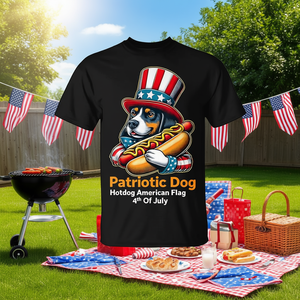 T-shirt patriottica con bandiera americana per il 4 luglio, con cane hotdog - Product Image 3