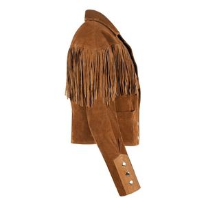 Chaqueta de cuero occidental para mujer, chaqueta de cuero de ante de vaca bronceado, Estilo vintage, de cuero con flecos - Product Image 4