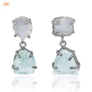 ต่างหูเงินแท้ 925 ประดับพลอยอะความารีนธรรมชาติและมูนสโตนสีรุ้ง สำหรับผู้หญิง - Product Image 1