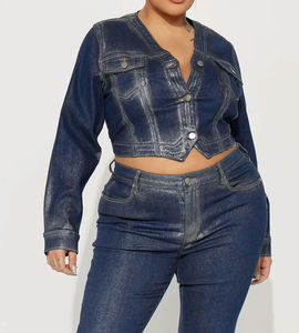 Veste en jean décontractée pour femmes, taille plus, manches longues, boutonnée, col rabattu, décoration, teinte, saison hivernale - Product Image 5