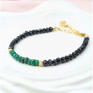 Black Spinel & Emerald Beaded Bracelet with Gold Plated <b>Charm</b> Zircon and Pearl Main Stones for Gift - Product Image 1