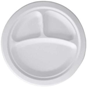 Piatto Rotondo Bianco in Carta da 9 Pollici con 3 Scomparti, Adatto al Microonde, in Bagassa Naturale, Monouso - Product Image 1