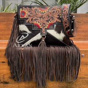 Customization Large Capacity Women Hand Tooled Cowhide Leather Fringe Crossbody Shoulder Bag Luxury Design Floral Zipper Handbag - Product Image 1