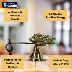 HOME GENIE <b>Brass</b> Panch Aarti Diya with Handle | 5-Wick <b>Oil</b> <b>Lamp</b> for Pooja Temple Festival Use & Spiritual Decor - Product Image 3