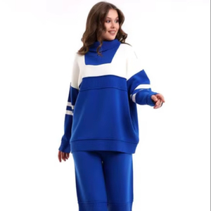 Haute qualité femmes s tricots rayé fermeture éclair surdimensionné deux pièces ensemble tenue décontracté tenue de bureau pull pantalon ensemble - Product Image 1