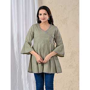 <b>Green</b> Cotton Poplin Knitted Angrakha <b>Top</b> Casual XL <b>Crop</b> <b>Top</b> for Women Woven Daily Summer and Spring Clothing with Casual Style - Product Image 1