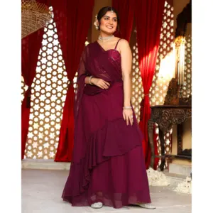 Maroon Georgette Flared Saree with Sequin <b>Blouse</b> for Elegant With Lightweight Party <b>And</b> Wedding Wear for women'<b>s</b> - Product Image 4