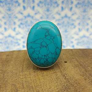 Anillo de cabujón turquesa de howlita gruesa elegante artesanía artesanal bohemia de plata sólida con perla y diamante para boda - Product Image 1