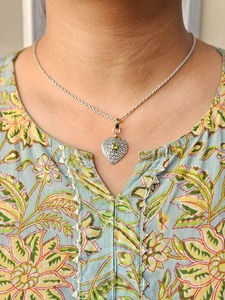 Heart Shape Two-Tone Silver Dome <b>Pendant</b> with <b>Peridot</b> Gemstone Fine Silver Charms - Product Image 3