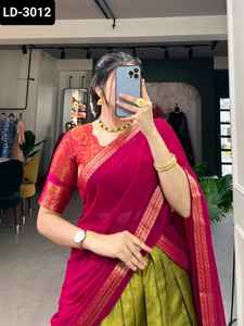 Las últimas mujeres usan Fancy South Style Kanchipuram Silk Lehenga Choli con liso con borde Lase Georgette Dupatta Set para mujeres - Product Image 3