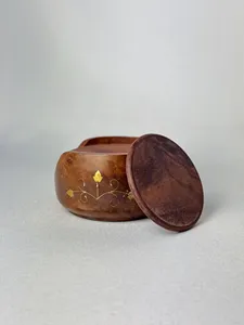 Lotus Design Wood Engraved Round Wooden <b>Coaster</b> with Lid for <b>Table</b> Decoration and Gift Walnut <b>Coaster</b> - Product Image 2
