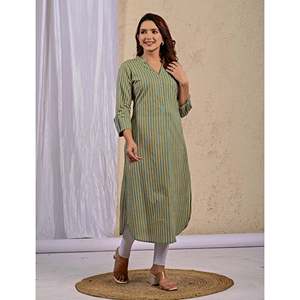 Kurti Recto Estampado con Rayas Verdes, Ropa Étnica India de Rayón para Niñas y Damas, Suave, Cosido, Moderno, para Uso Diario o Fiestas - Product Image 6