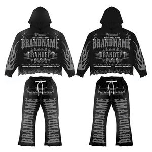 Sudaderas con capucha y pantalones de chándal acampanados de dos piezas para hombre con diamantes de imitación y lavado ácido con logotipo personalizado de talla grande para hombre - Product Image 1