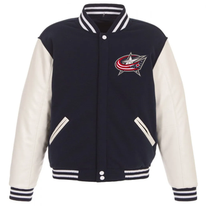 Estilo de EE. UU. Logotipo personalizado Columbus Blue Jackets HBCU Bomber Jacket Varsity Blue and White para la temporada de invierno - Product Image 1